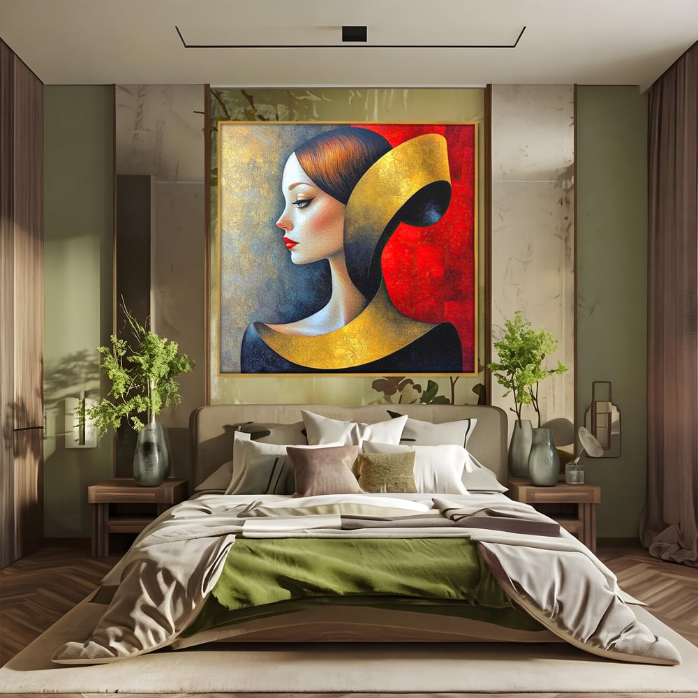 Tablou canvas cu tablou canvas cu profil de femeie stilizat, in rama de aluminiu auriu, pe perete intr-un dormitor