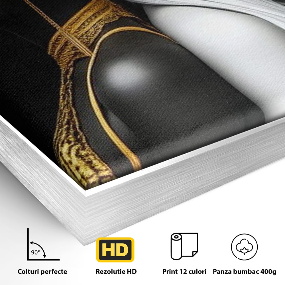 Detaliu al suprafetei: tablou canvas cu doua fete in contrast, in rama de aluminiu argintiu