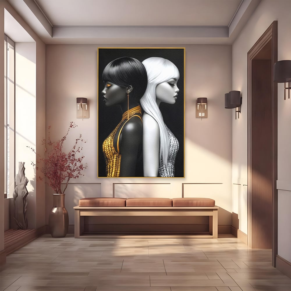 Tablou canvas cu tablou canvas cu doua fete in contrast, in rama de aluminiu auriu