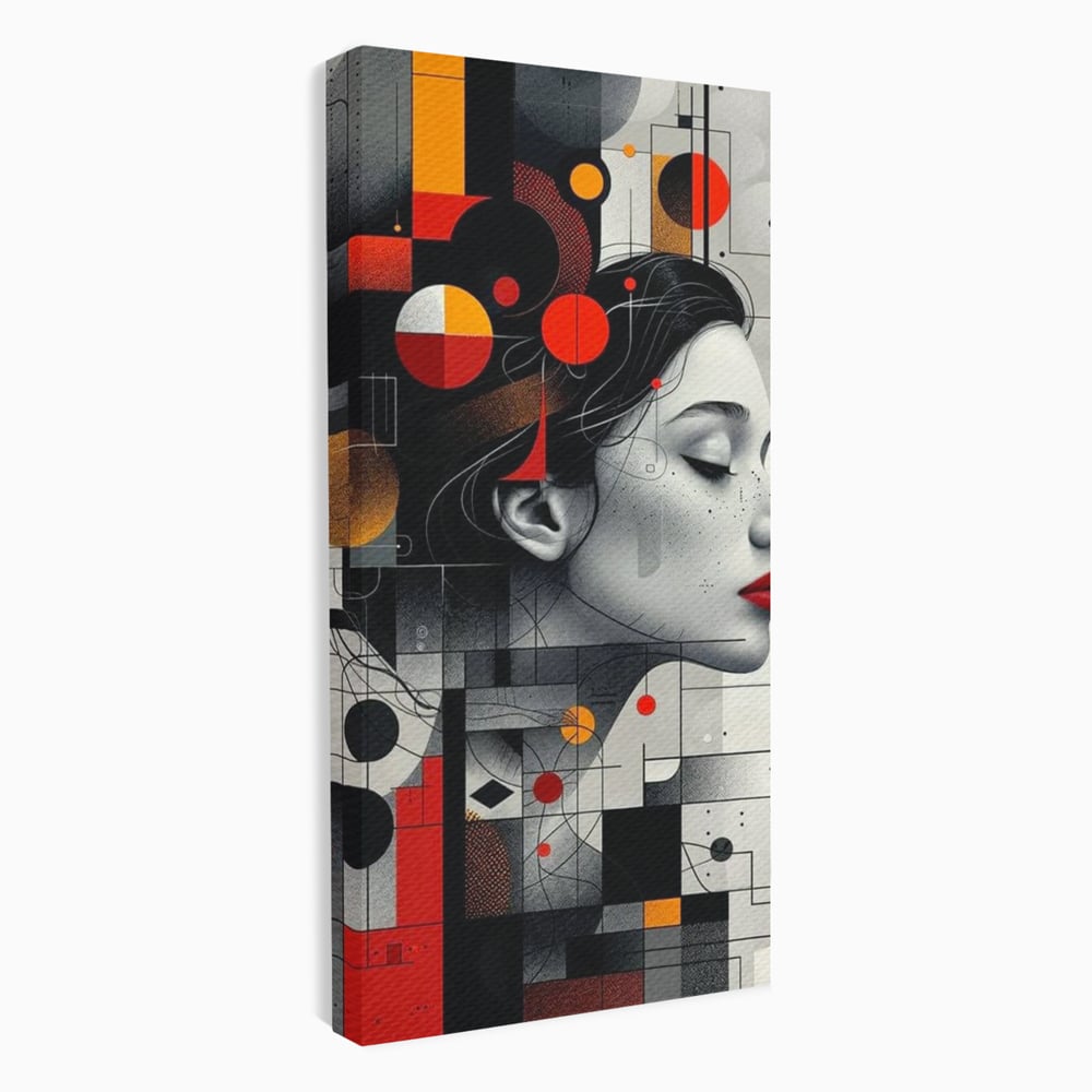 Tablou canvas cu tablou canvas cu portret feminin si forme geometrice, fara rama, pe sasiu de lemn