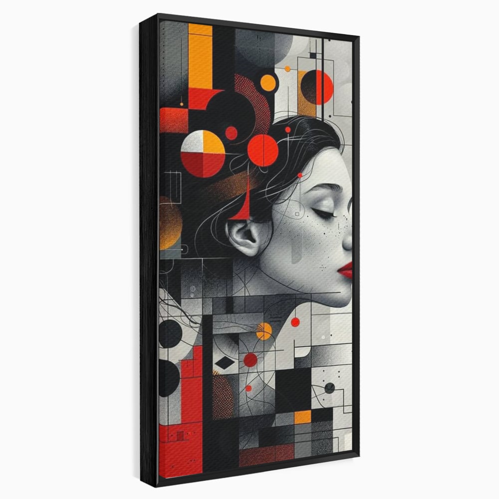Tablou canvas cu tablou canvas cu portret feminin si forme geometrice, in rama de aluminiu negru