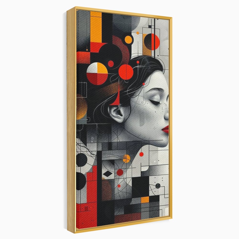 Tablou canvas cu tablou canvas cu portret feminin si forme geometrice, in rama de aluminiu auriu