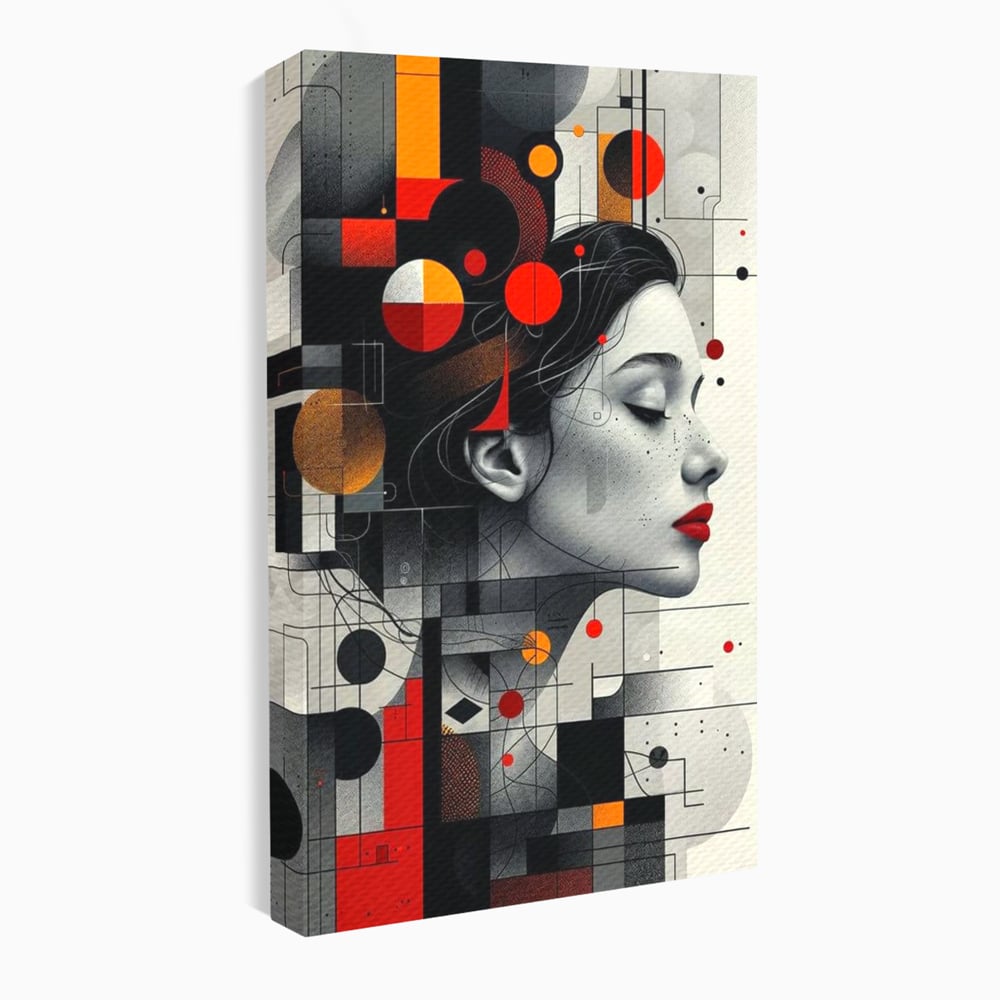 Tablou canvas cu tablou canvas cu portret feminin si forme geometrice, fara rama, pe sasiu de lemn