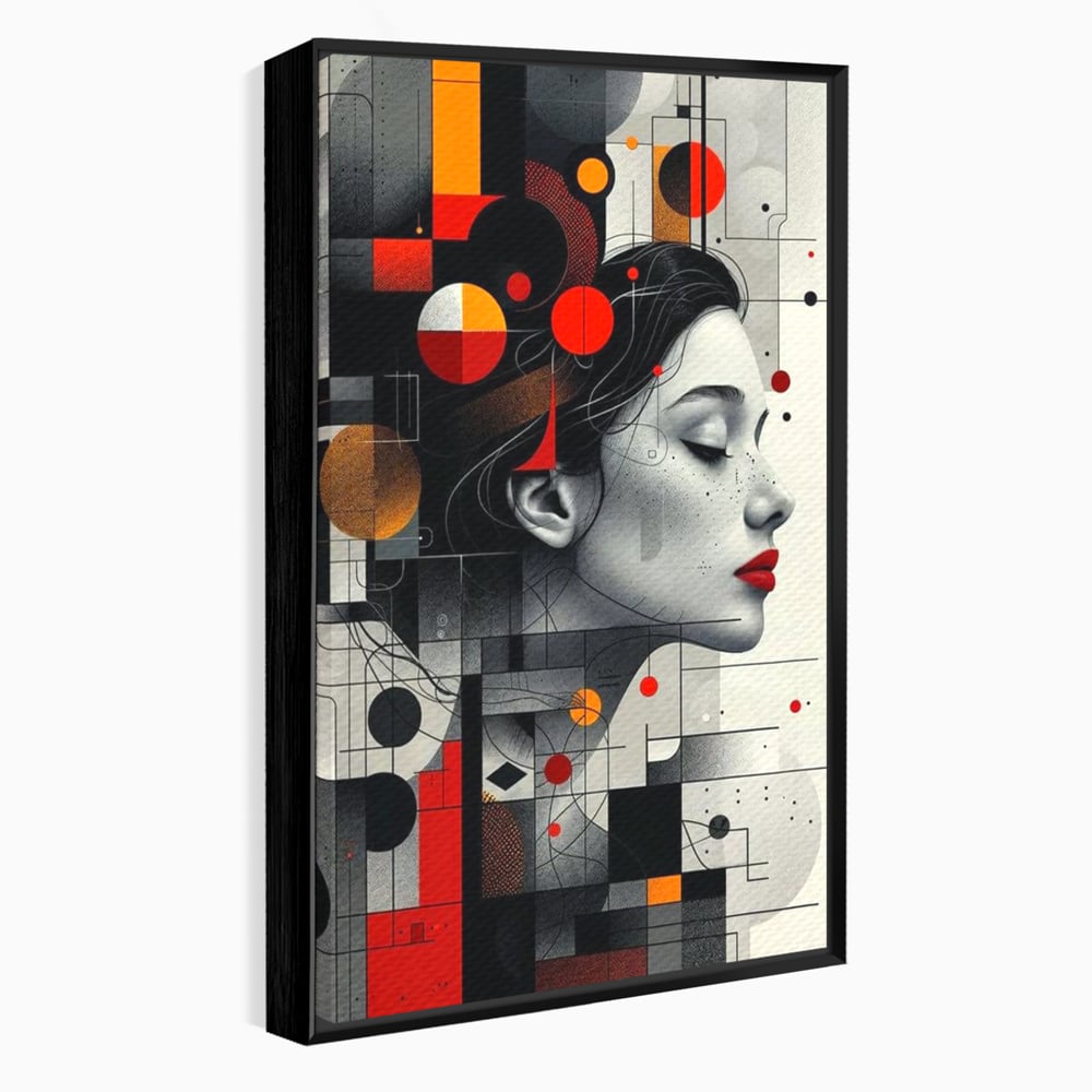 Tablou canvas cu tablou canvas cu portret feminin si forme geometrice, in rama de aluminiu negru