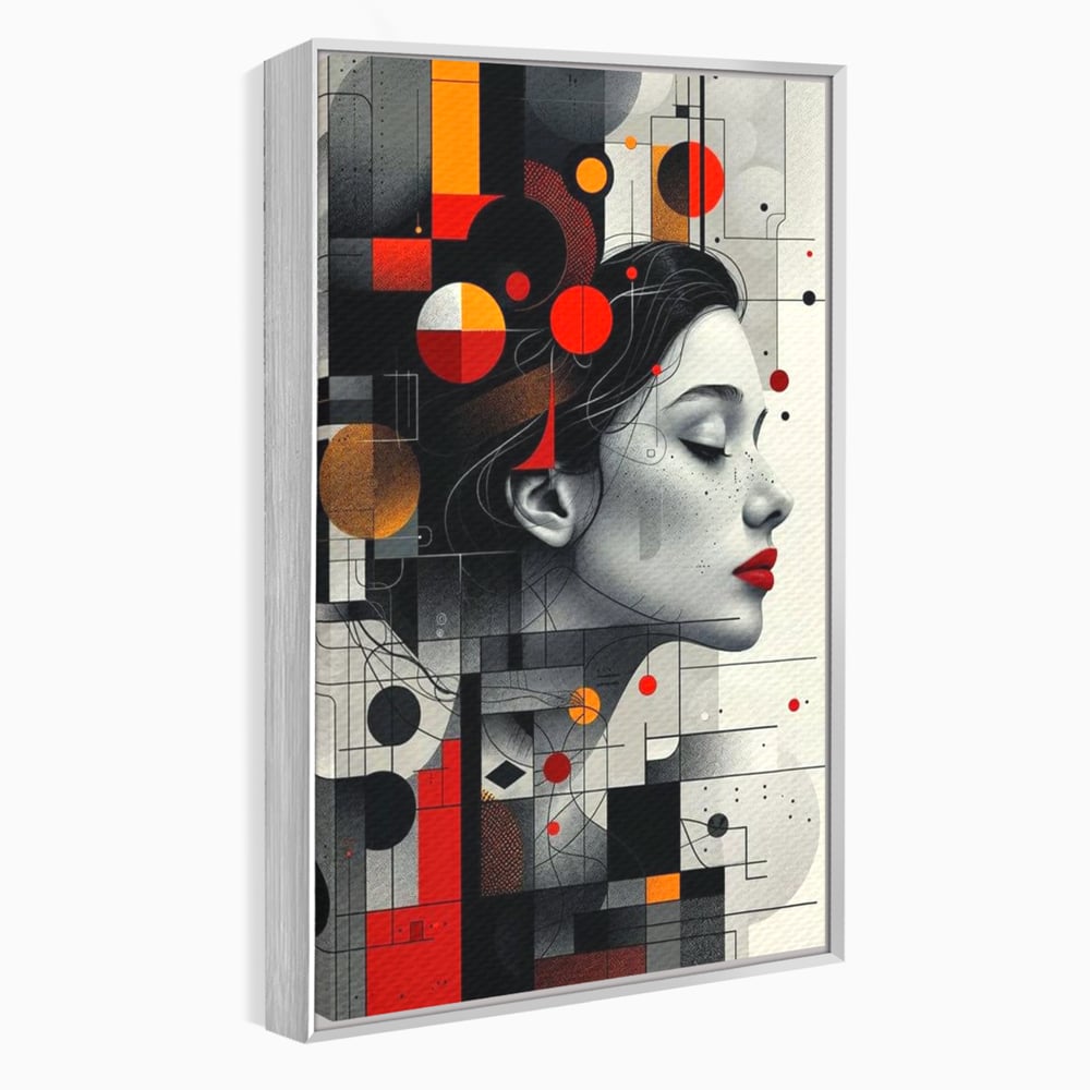 Tablou canvas cu tablou canvas cu portret feminin si forme geometrice, in rama de aluminiu argintiu