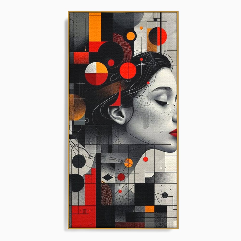Tablou canvas cu tablou canvas cu portret feminin si forme geometrice, in rama de aluminiu auriu