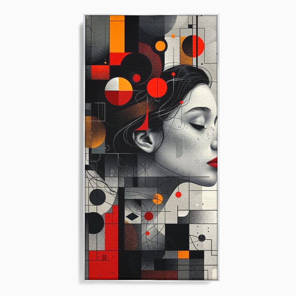 Tablou canvas cu tablou canvas cu portret feminin si forme geometrice, in rama de aluminiu argintiu