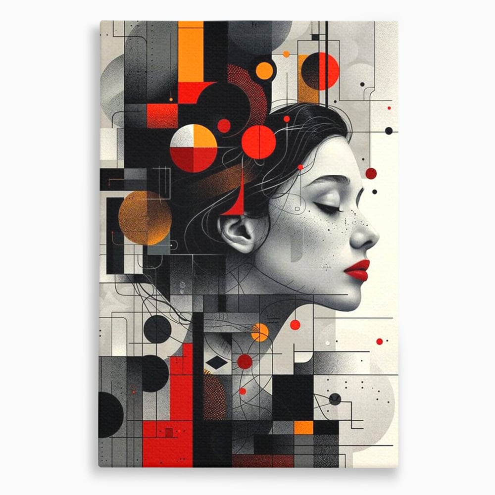 Tablou canvas cu tablou canvas cu portret feminin si forme geometrice, fara rama, pe sasiu de lemn