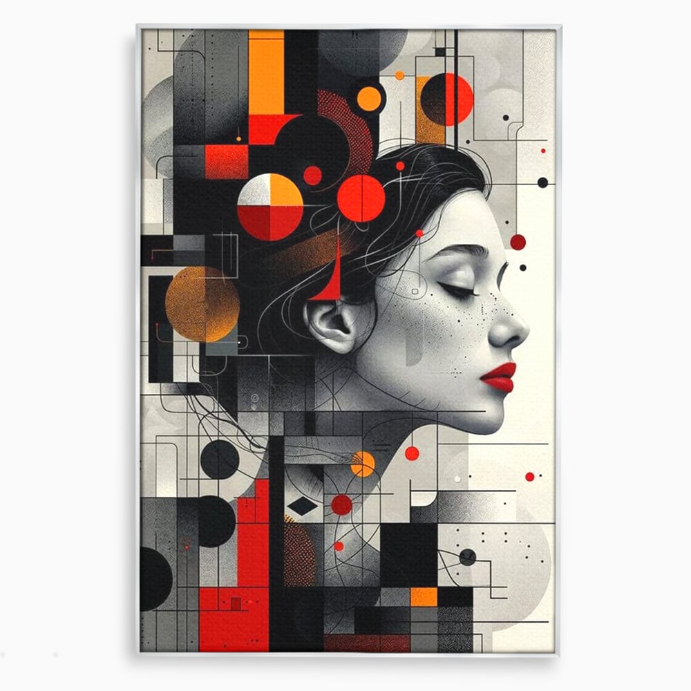 Tablou canvas cu tablou canvas cu portret feminin si forme geometrice, in rama de aluminiu argintiu