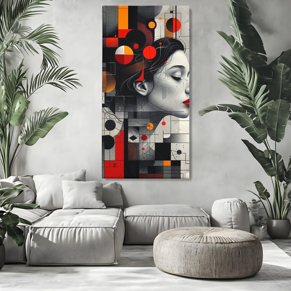 Tablou canvas cu tablou canvas cu portret feminin si forme geometrice, fara rama, pe sasiu de lemn, pe perete intr-un living