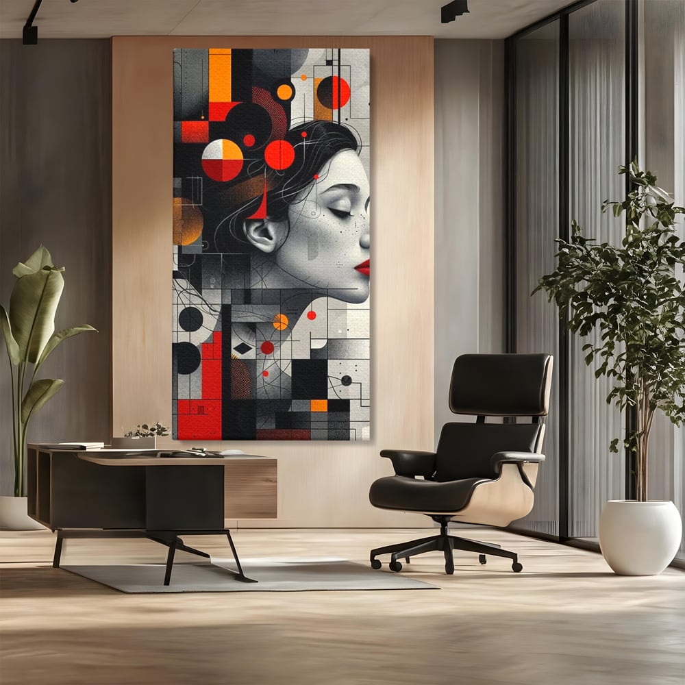 Tablou canvas cu tablou canvas cu portret feminin si forme geometrice, fara rama, pe sasiu de lemn, pe perete intr-un birou
