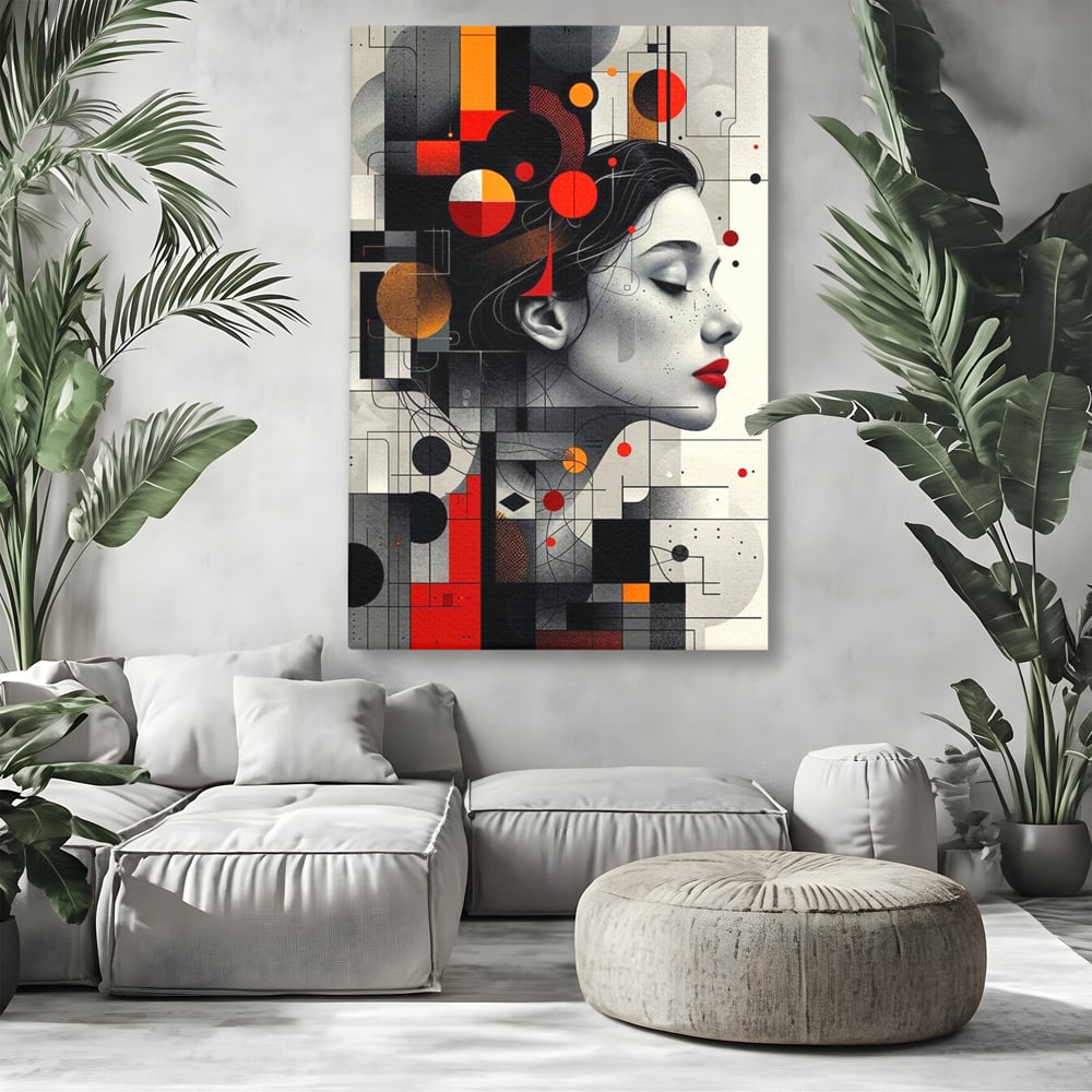 Tablou canvas cu tablou canvas cu portret feminin si forme geometrice, fara rama, pe sasiu de lemn, pe perete intr-un living