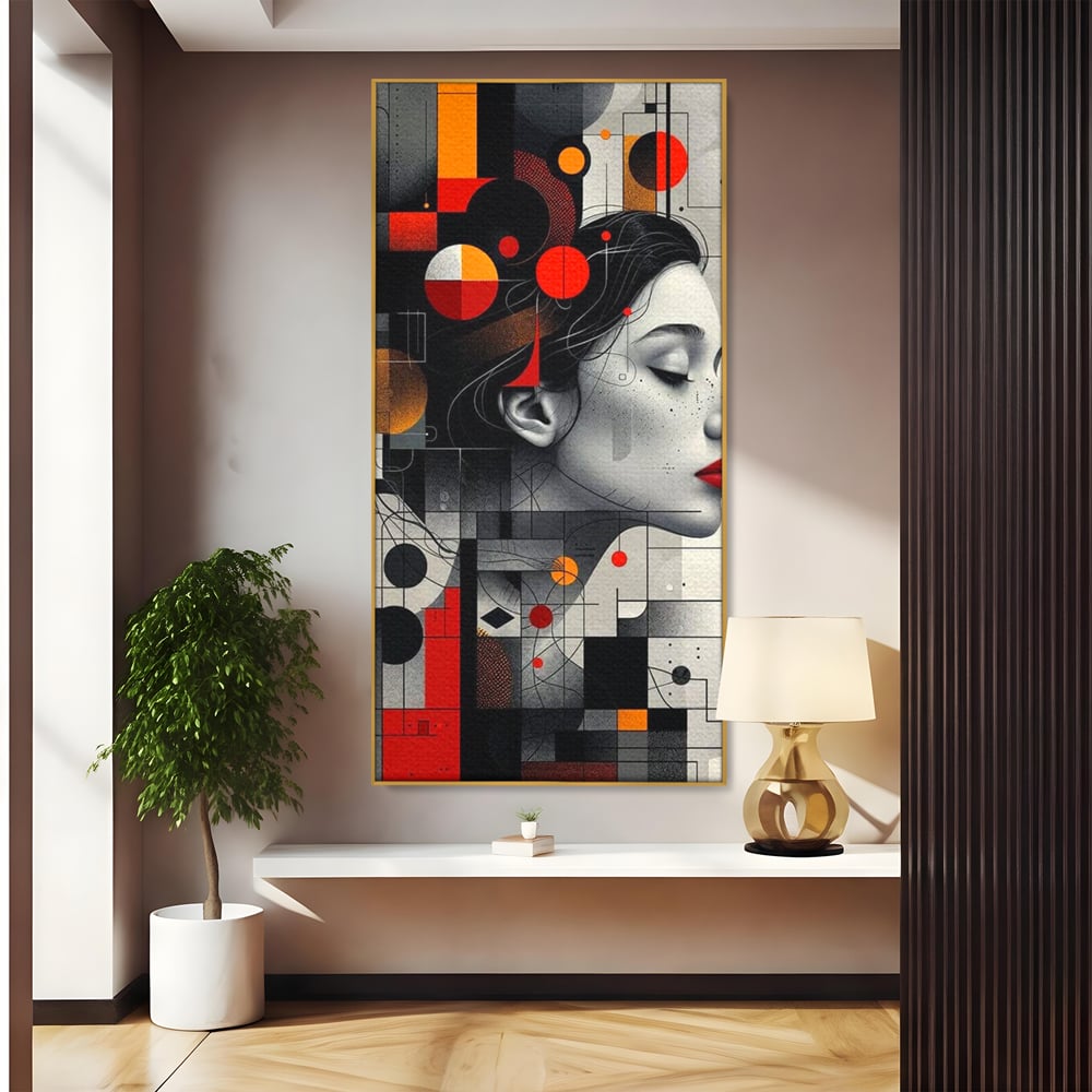 Tablou canvas cu tablou canvas cu portret feminin si forme geometrice, in rama de aluminiu auriu