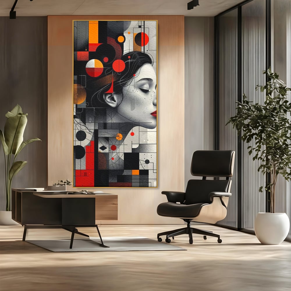 Tablou canvas cu tablou canvas cu portret feminin si forme geometrice, in rama de aluminiu auriu, pe perete intr-un birou