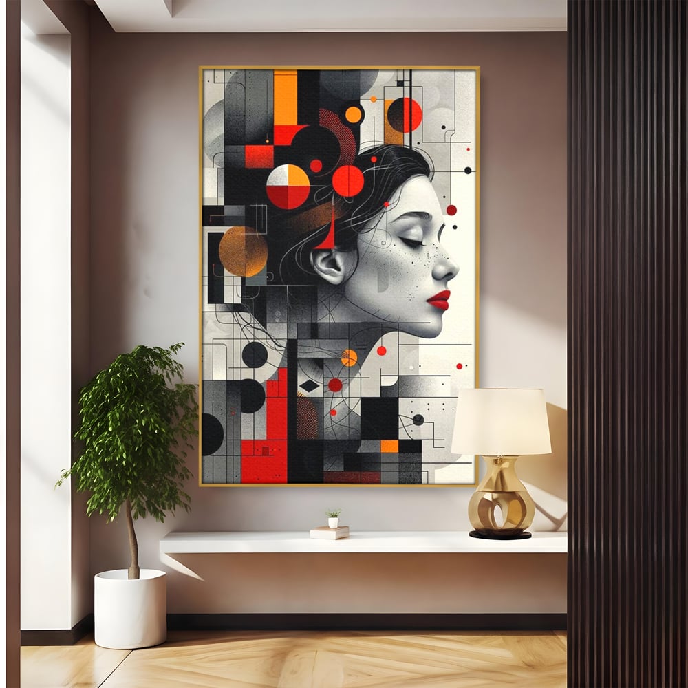 Tablou canvas cu tablou canvas cu portret feminin si forme geometrice, in rama de aluminiu auriu