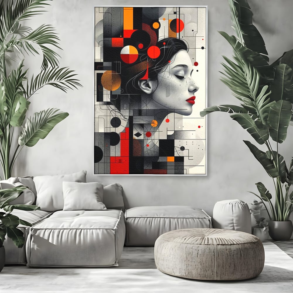 Tablou canvas cu tablou canvas cu portret feminin si forme geometrice, in rama de aluminiu argintiu, pe perete intr-un living