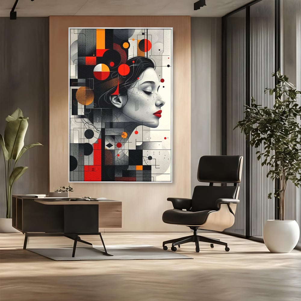 Tablou canvas cu tablou canvas cu portret feminin si forme geometrice, in rama de aluminiu argintiu, pe perete intr-un birou
