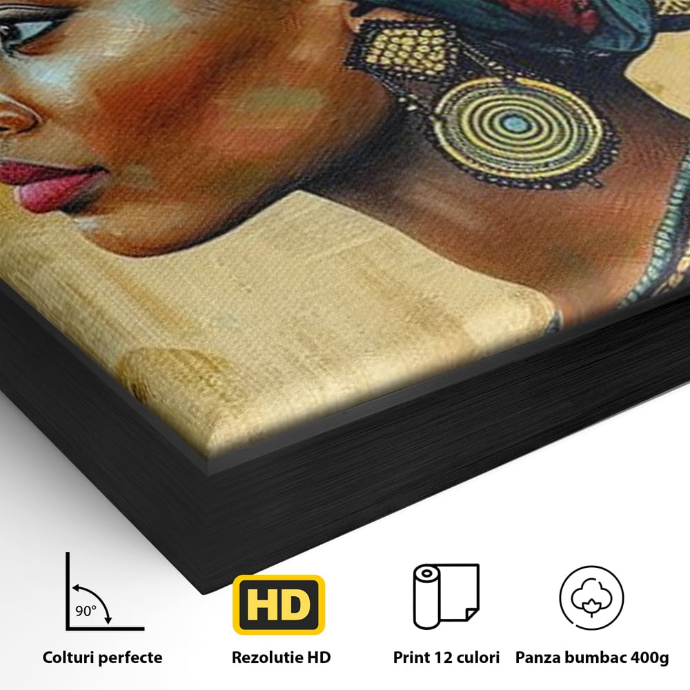 Detaliu al suprafetei: tablou canvas cu profil de femeie, in rama de aluminiu negru