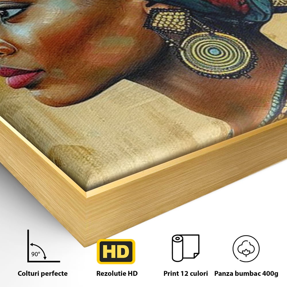 Detaliu al suprafetei: tablou canvas cu profil de femeie, in rama de aluminiu auriu
