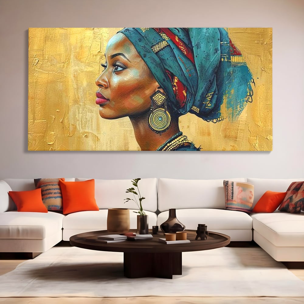 Tablou canvas cu tablou canvas cu profil de femeie, fara rama, pe sasiu de lemn, pe perete intr-un living