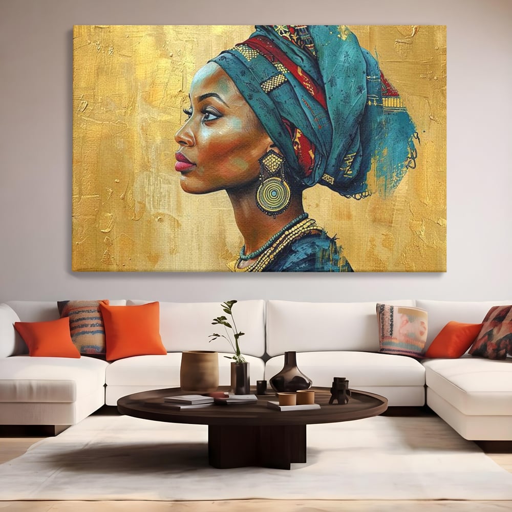 Tablou canvas cu tablou canvas cu profil de femeie, fara rama, pe sasiu de lemn, pe perete intr-un living