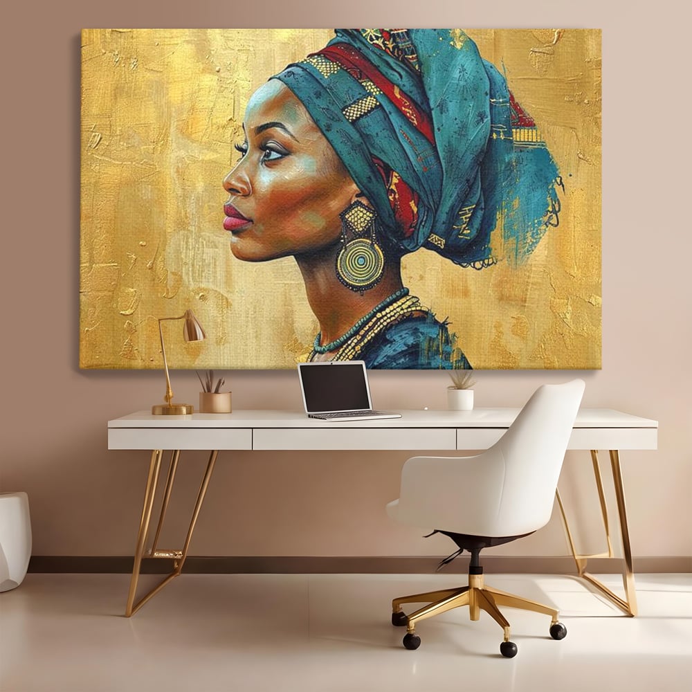 Tablou canvas cu tablou canvas cu profil de femeie, fara rama, pe sasiu de lemn, pe perete intr-un birou