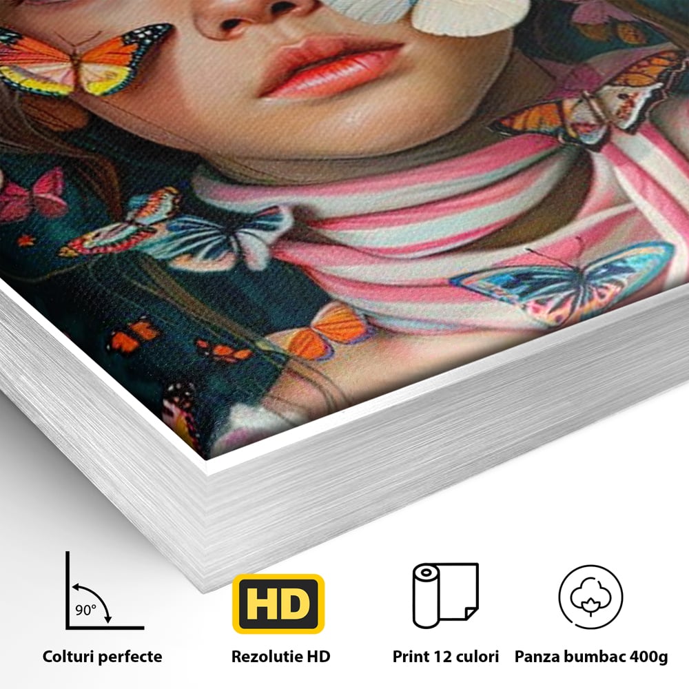 Detaliu al suprafetei: tablou canvas cu fata si fluturi colorati, in rama de aluminiu argintiu