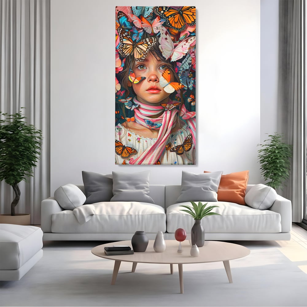 Tablou canvas cu tablou canvas cu fata si fluturi colorati, fara rama, pe sasiu de lemn, pe perete intr-un living