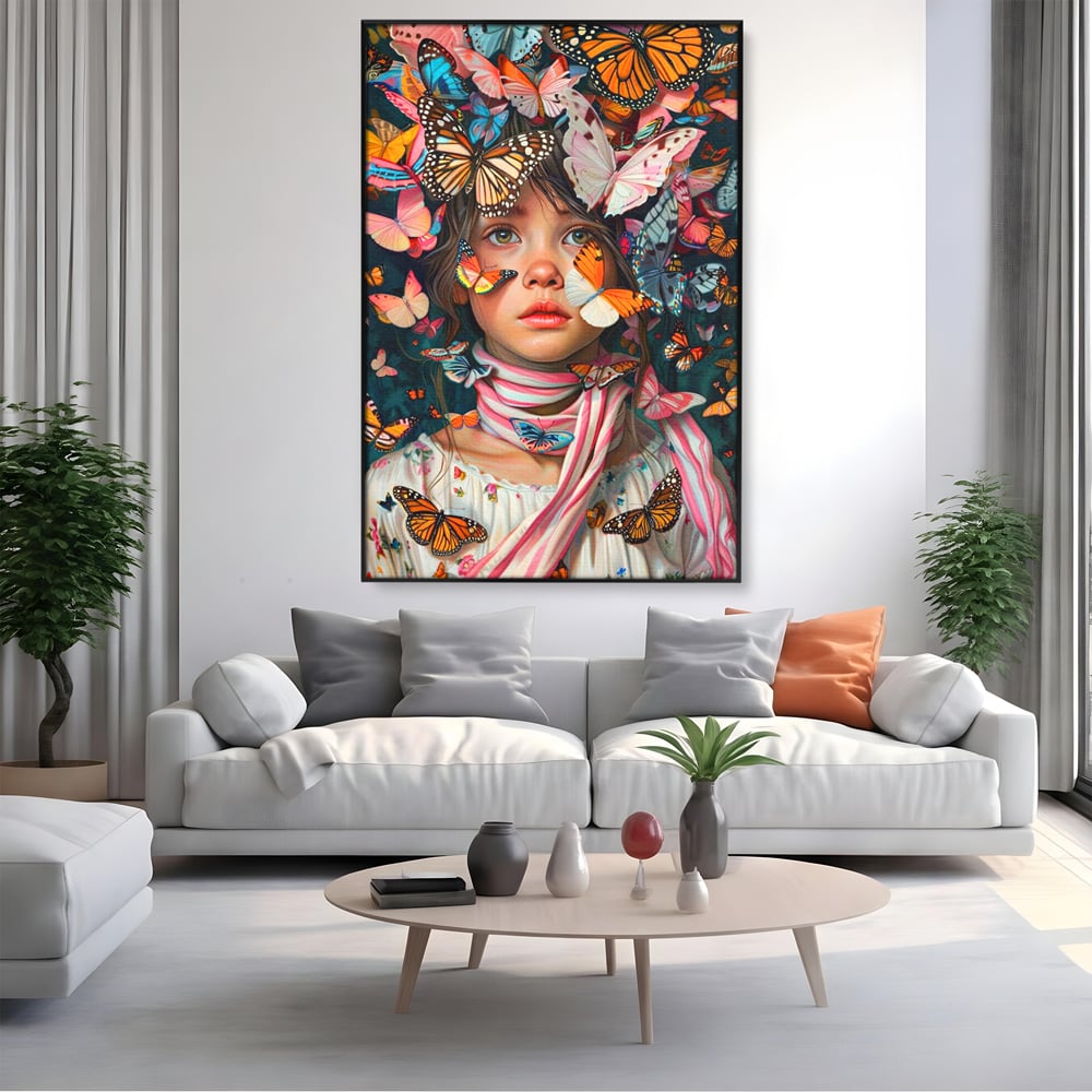 Tablou canvas cu tablou canvas cu fata si fluturi colorati, in rama de aluminiu negru, pe perete intr-un living