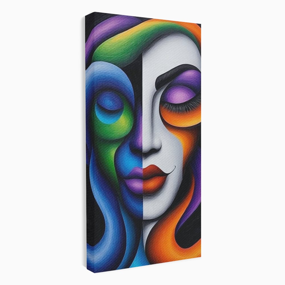 Tablou canvas cu portret abstract feminin bicolor, fara rama, pe sasiu de lemn