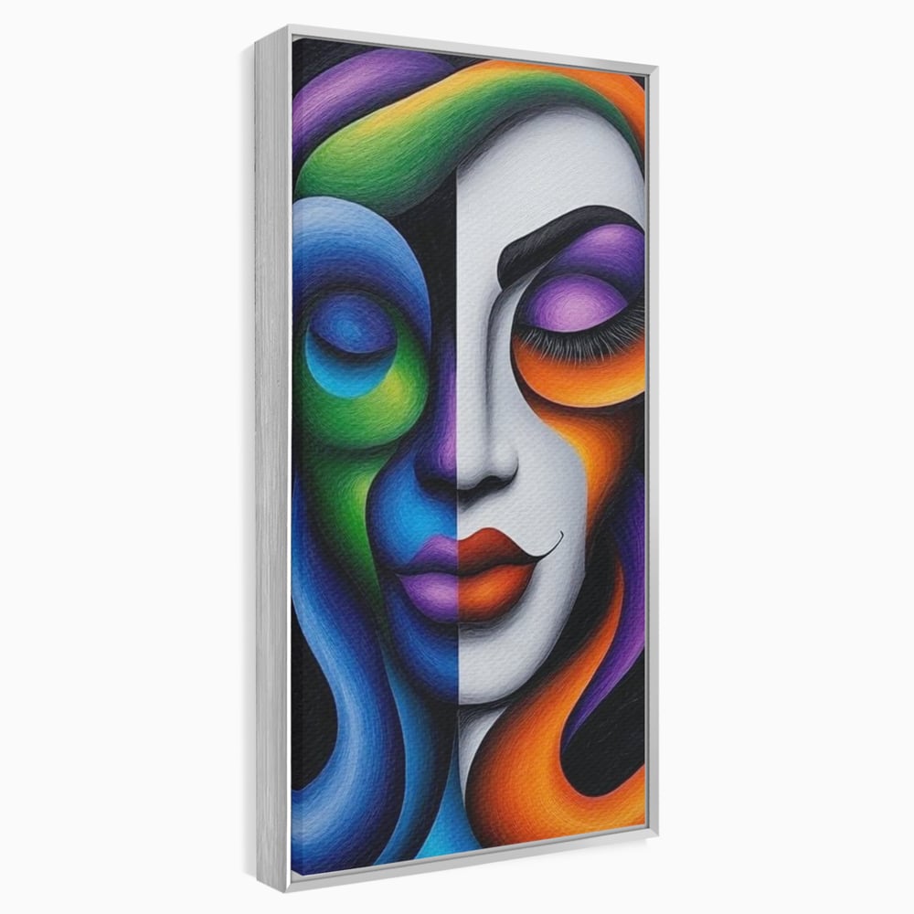 Tablou canvas cu portret abstract feminin bicolor, in rama de aluminiu argintiu