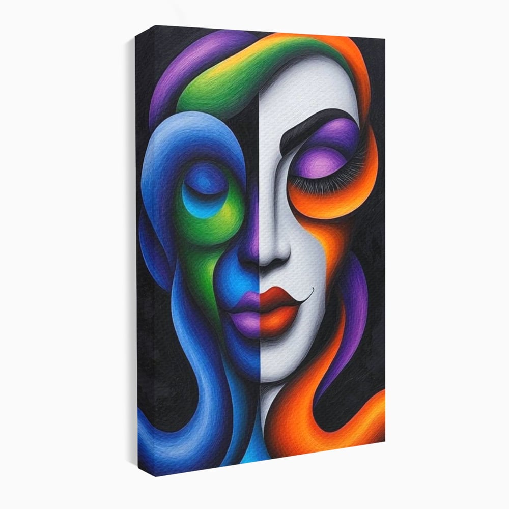 Tablou canvas cu portret abstract feminin bicolor, fara rama, pe sasiu de lemn