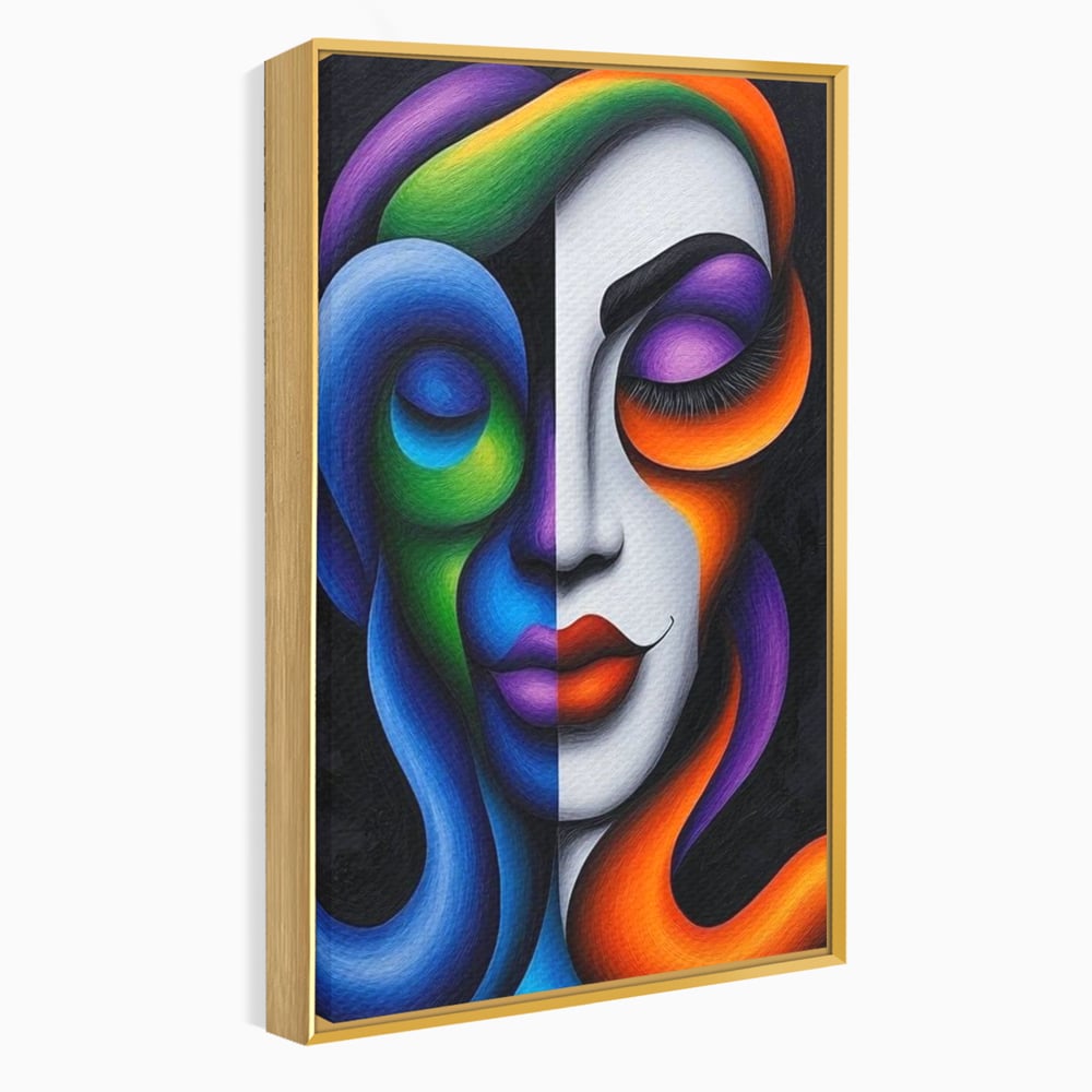 Tablou canvas cu portret abstract feminin bicolor, in rama de aluminiu auriu