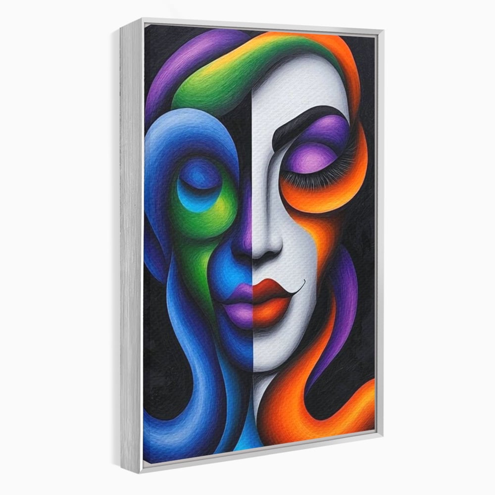 Tablou canvas cu portret abstract feminin bicolor, in rama de aluminiu argintiu