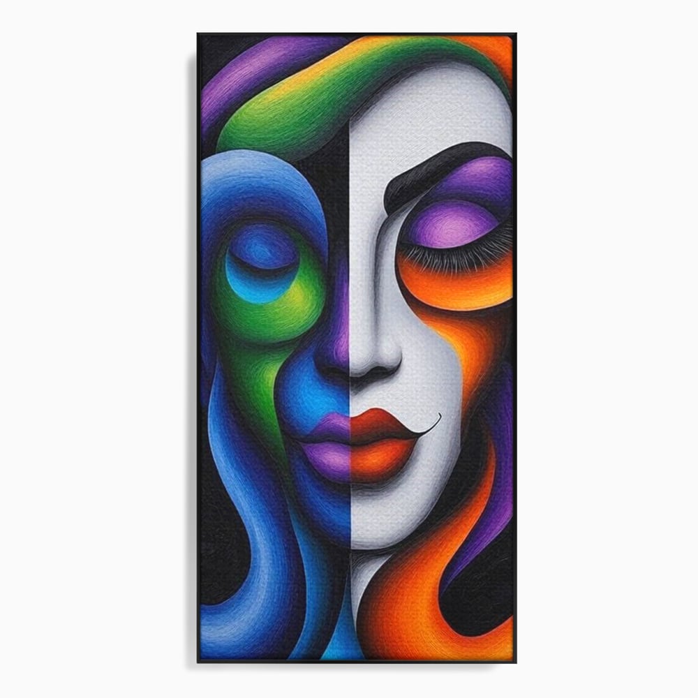 Tablou canvas cu portret abstract feminin bicolor, in rama de aluminiu negru