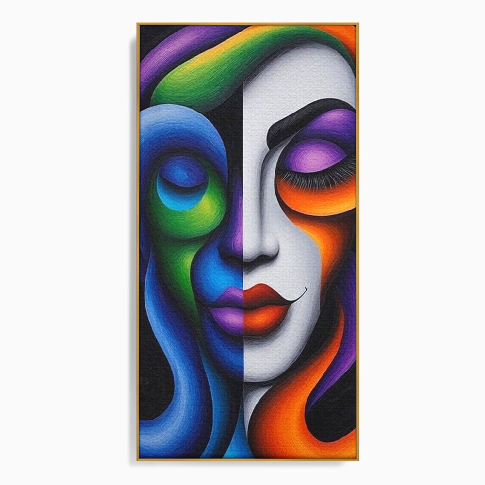 Tablou canvas cu portret abstract feminin bicolor, in rama de aluminiu auriu