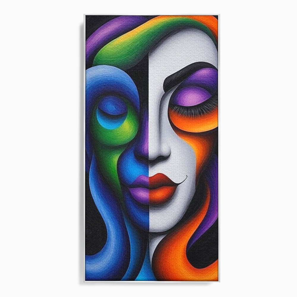 Tablou canvas cu portret abstract feminin bicolor, in rama de aluminiu argintiu