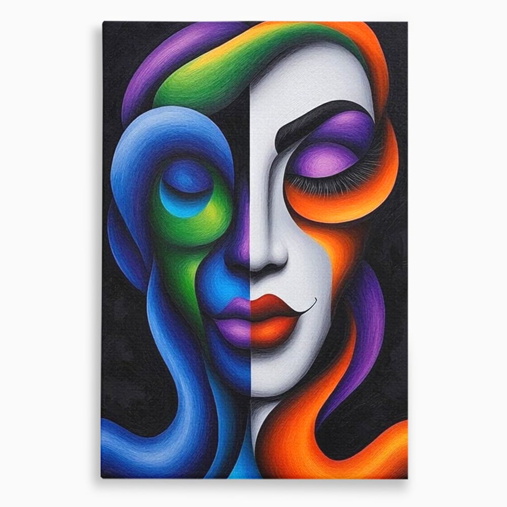 Tablou canvas cu portret abstract feminin bicolor, fara rama, pe sasiu de lemn