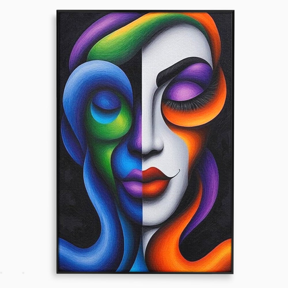 Tablou canvas cu portret abstract feminin bicolor, in rama de aluminiu negru