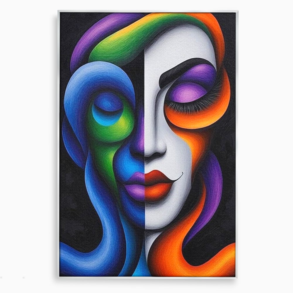 Tablou canvas cu portret abstract feminin bicolor, in rama de aluminiu argintiu
