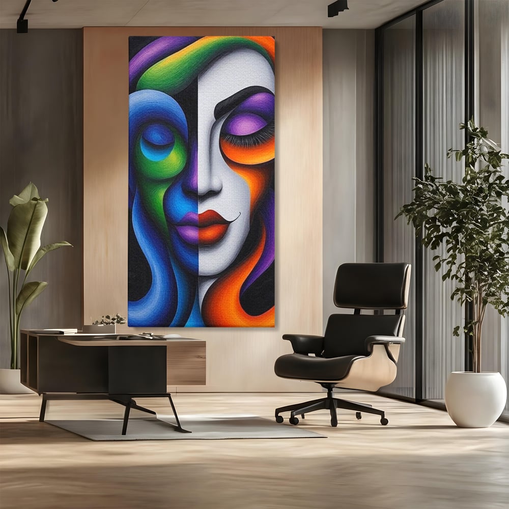 Tablou canvas cu portret abstract feminin bicolor, fara rama, pe sasiu de lemn, pe perete intr-un birou