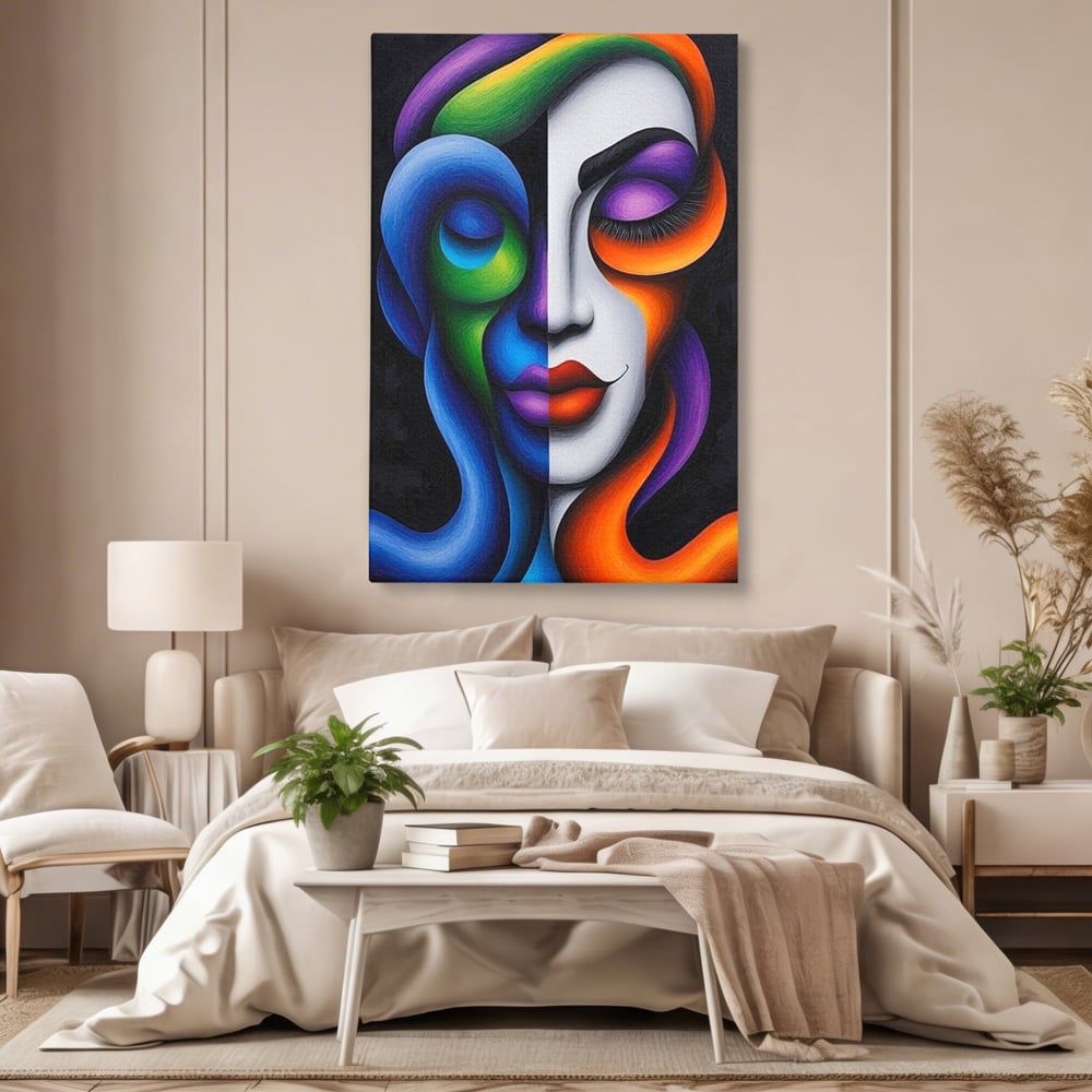 Tablou canvas cu portret abstract feminin bicolor, fara rama, pe sasiu de lemn, pe perete intr-un dormitor