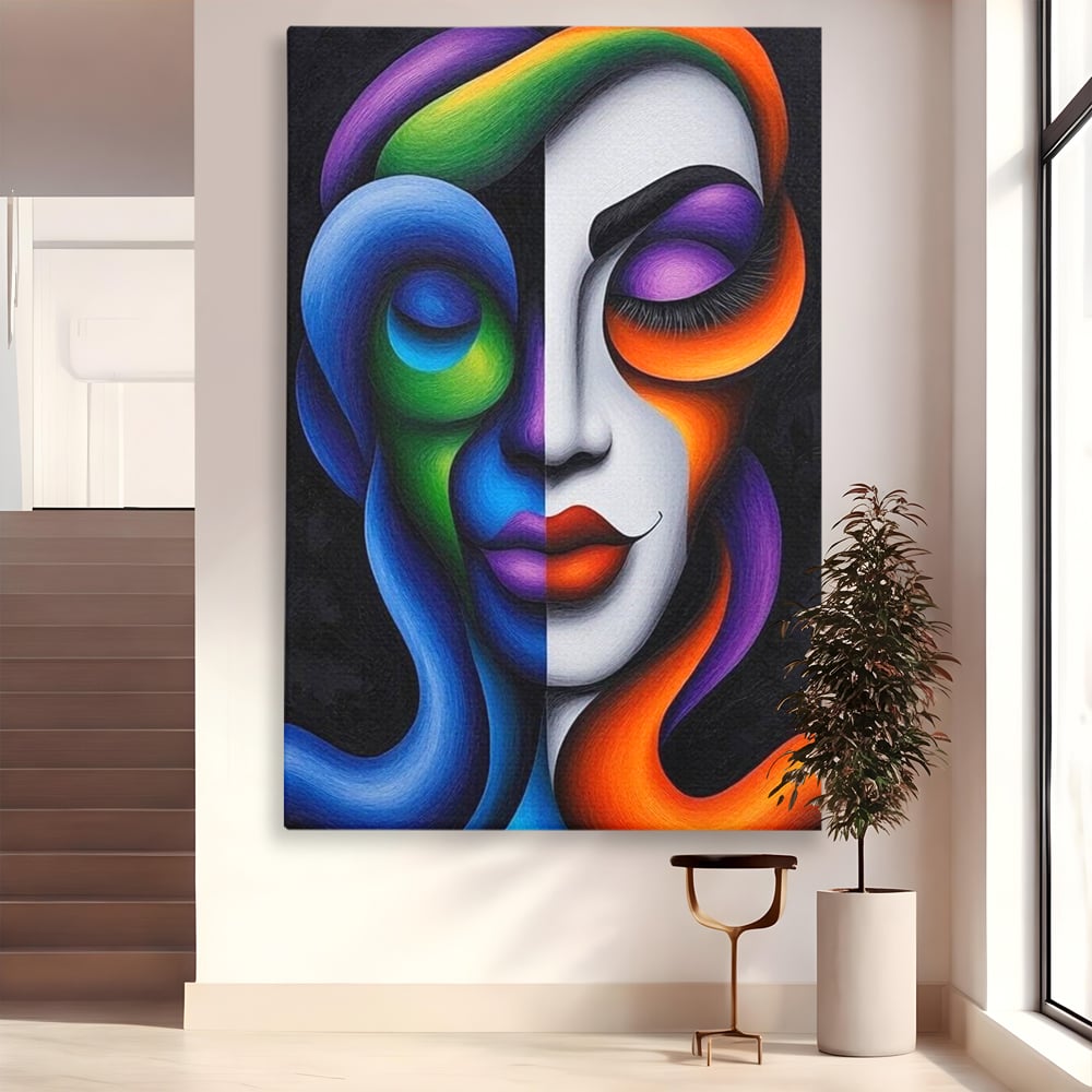 Tablou canvas cu portret abstract feminin bicolor, fara rama, pe sasiu de lemn