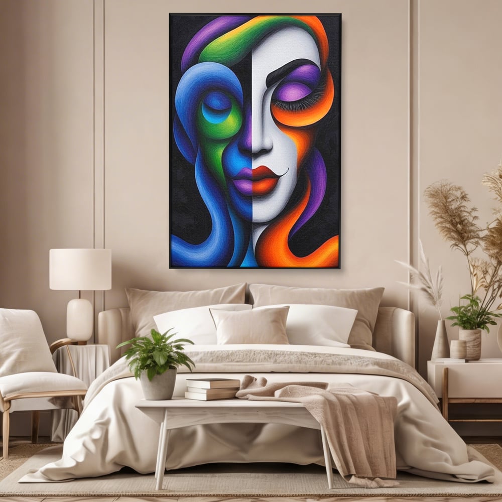 Tablou canvas cu portret abstract feminin bicolor, in rama de aluminiu negru, pe perete intr-un dormitor