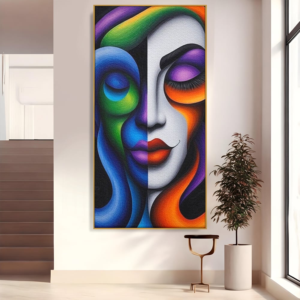Tablou canvas cu portret abstract feminin bicolor, in rama de aluminiu auriu
