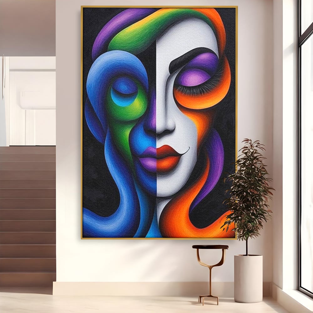 Tablou canvas cu portret abstract feminin bicolor, in rama de aluminiu auriu