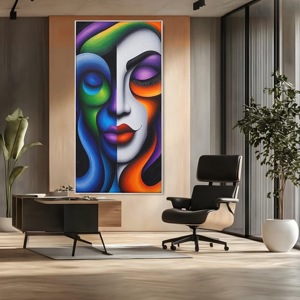 Tablou canvas cu portret abstract feminin bicolor, in rama de aluminiu argintiu, pe perete intr-un birou