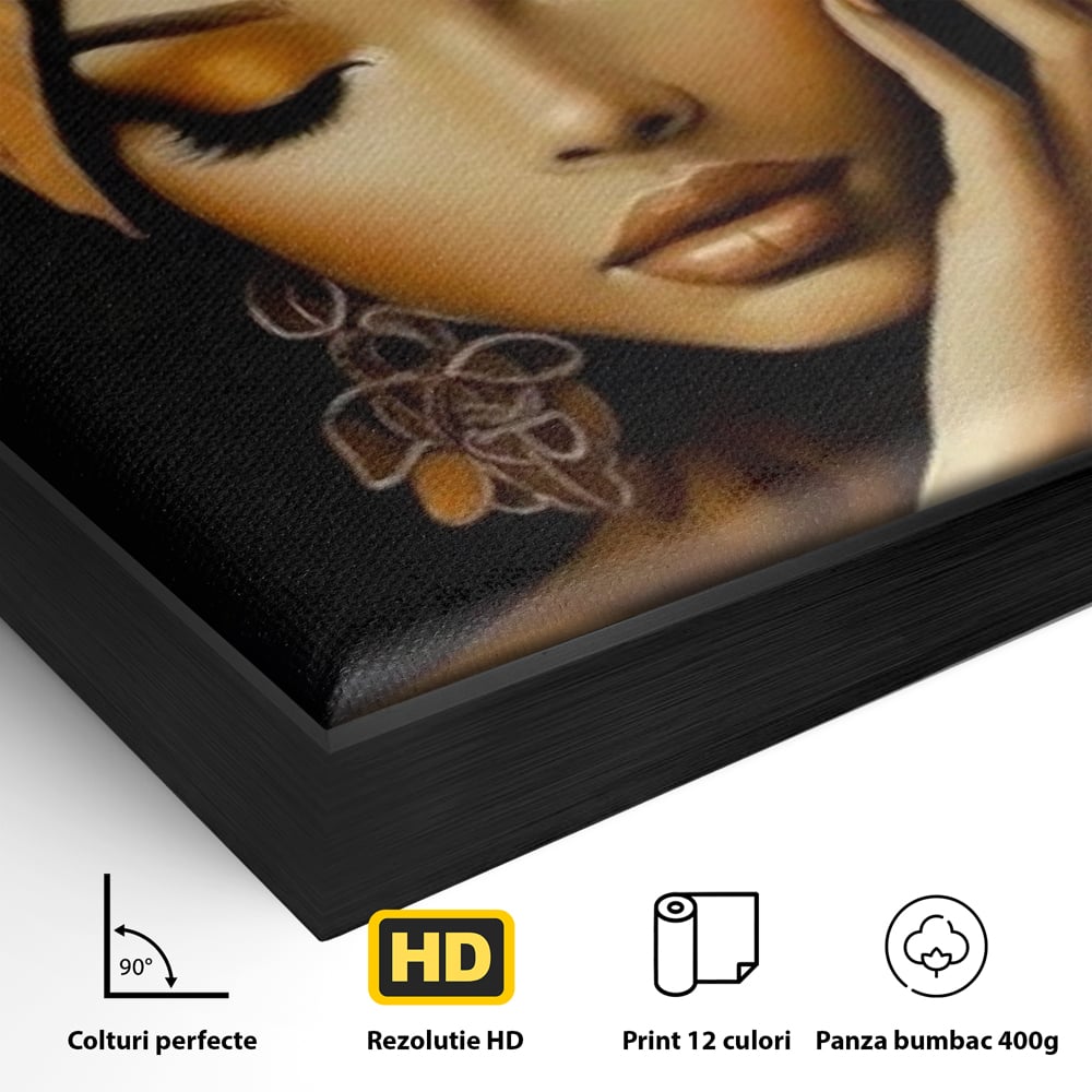 Detaliu al suprafetei: tablou canvas cu portret de femeie, in rama de aluminiu negru