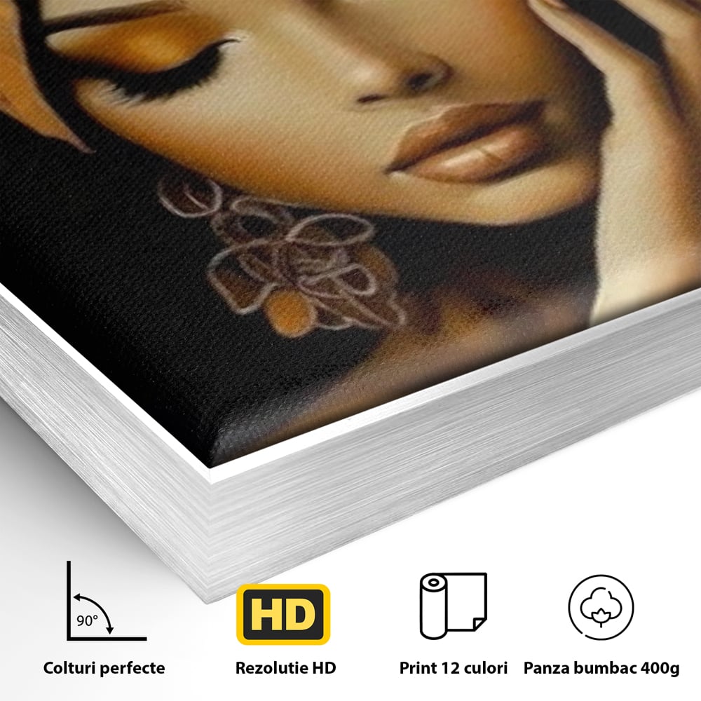 Detaliu al suprafetei: tablou canvas cu portret de femeie, in rama de aluminiu argintiu