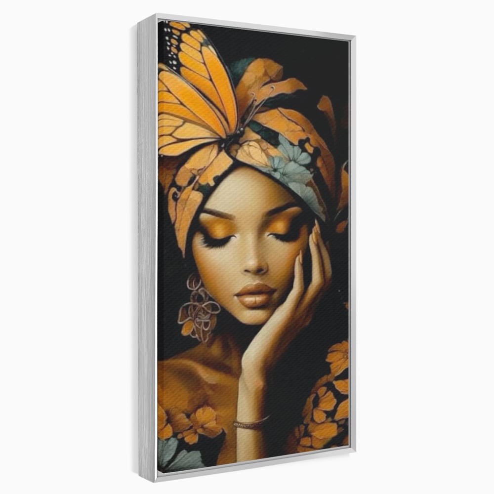 Tablou canvas cu tablou canvas cu portret de femeie, in rama de aluminiu argintiu